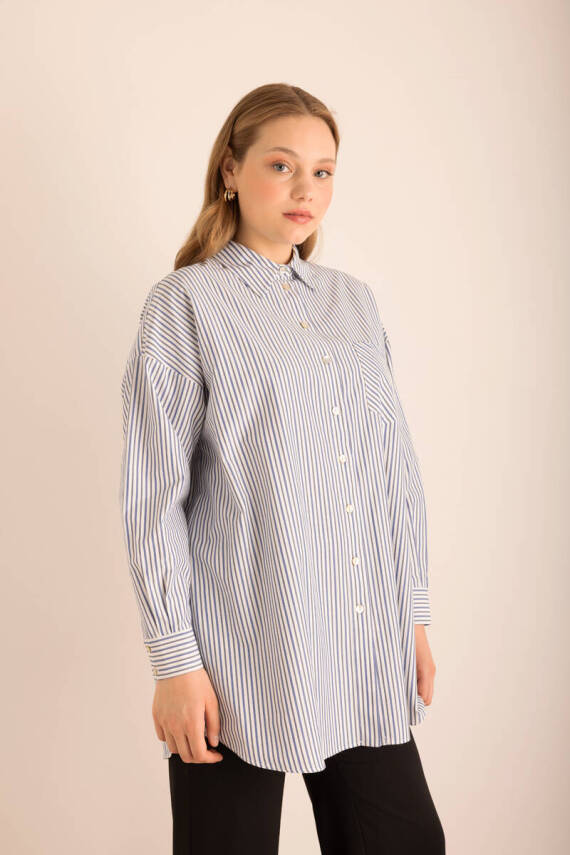 AKER LACİVERT ÇİZGİLİ COTTON GÖMLEK - 1