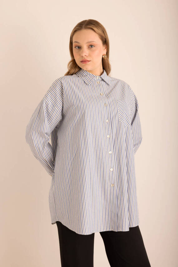 AKER LACİVERT ÇİZGİLİ COTTON GÖMLEK - 5