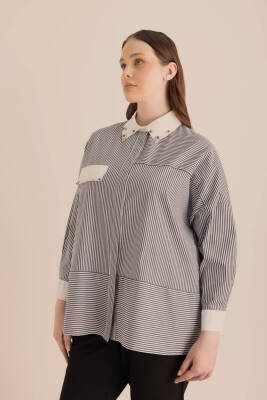 AKER LACİVERT ÇİZGİLİ COTTON TAŞ İŞLEMELİ GÖMLEK - 1