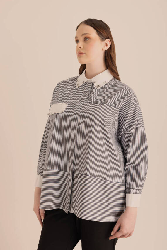 AKER LACİVERT ÇİZGİLİ COTTON TAŞ İŞLEMELİ GÖMLEK - 1