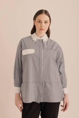 AKER LACİVERT ÇİZGİLİ COTTON TAŞ İŞLEMELİ GÖMLEK - 2