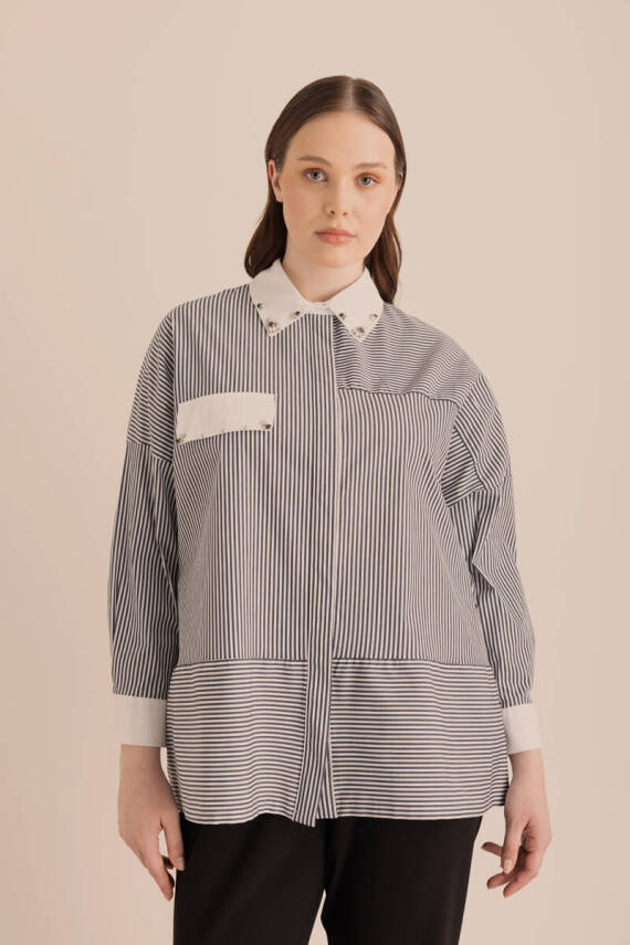 AKER LACİVERT ÇİZGİLİ COTTON TAŞ İŞLEMELİ GÖMLEK - 2