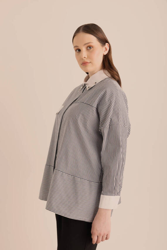 AKER LACİVERT ÇİZGİLİ COTTON TAŞ İŞLEMELİ GÖMLEK - 3