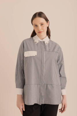 AKER LACİVERT ÇİZGİLİ COTTON TAŞ İŞLEMELİ GÖMLEK - 4