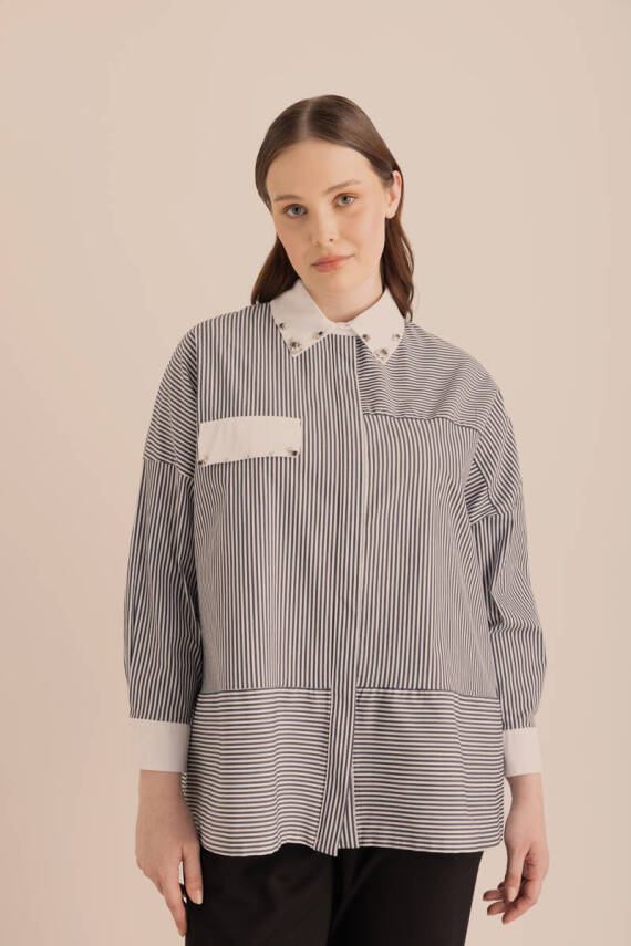 AKER LACİVERT ÇİZGİLİ COTTON TAŞ İŞLEMELİ GÖMLEK - 4