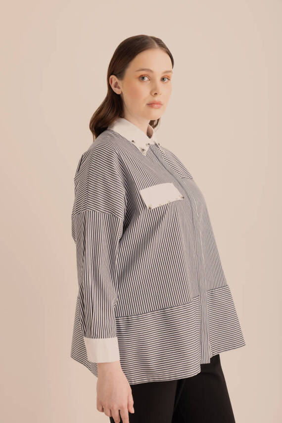AKER LACİVERT ÇİZGİLİ COTTON TAŞ İŞLEMELİ GÖMLEK - 5