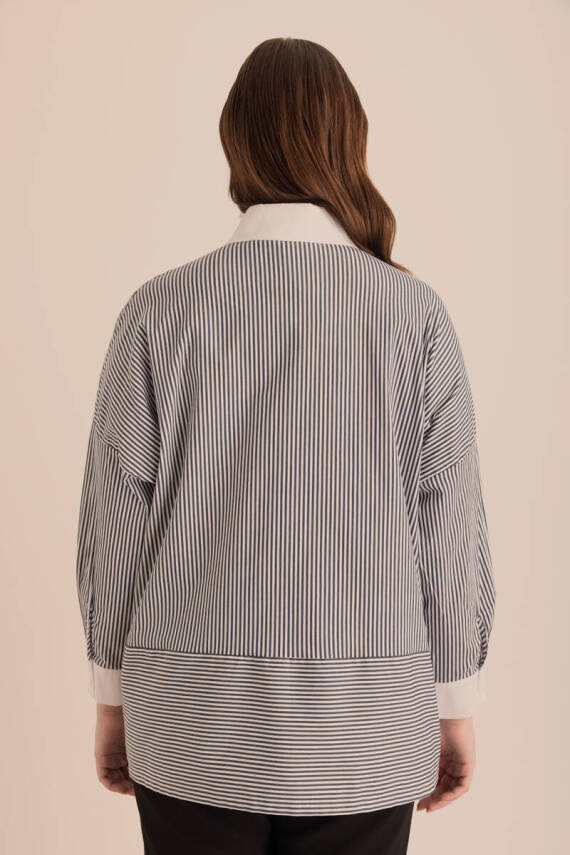 AKER LACİVERT ÇİZGİLİ COTTON TAŞ İŞLEMELİ GÖMLEK - 6