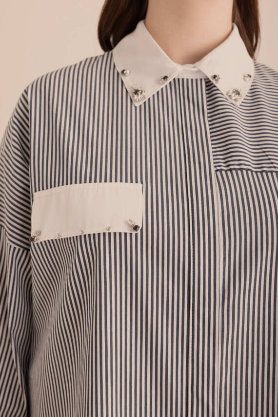 AKER LACİVERT ÇİZGİLİ COTTON TAŞ İŞLEMELİ GÖMLEK - 7