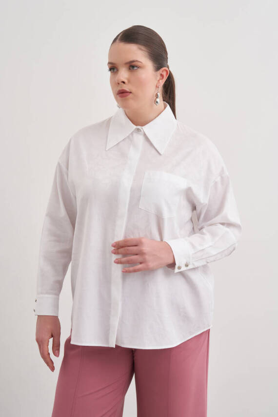 AKER BEYAZ JAKAR DESENLİ COTTON GÖMLEK - 4