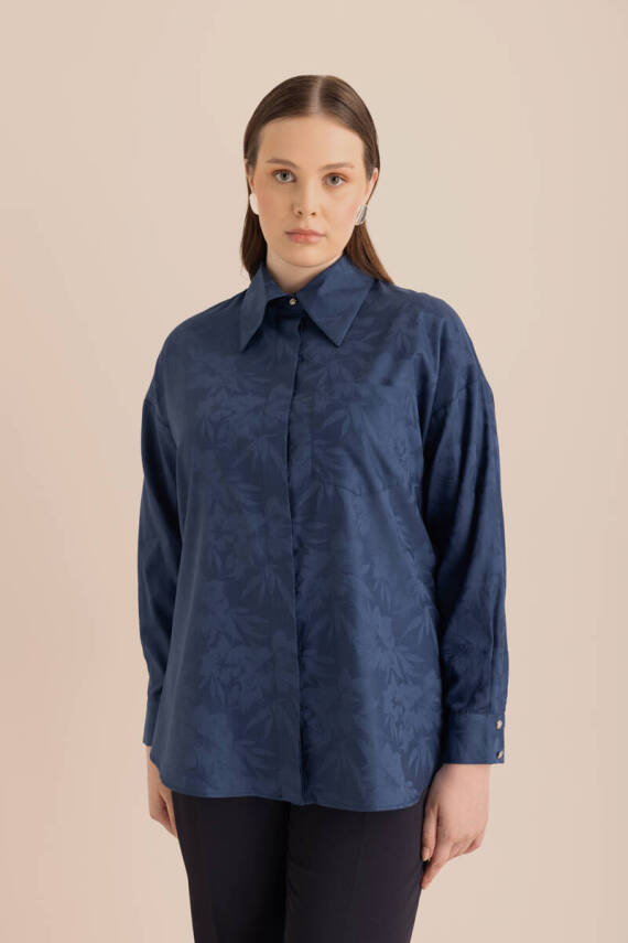 AKER LACİVERT JAKAR DESENLİ COTTON GÖMLEK - 5